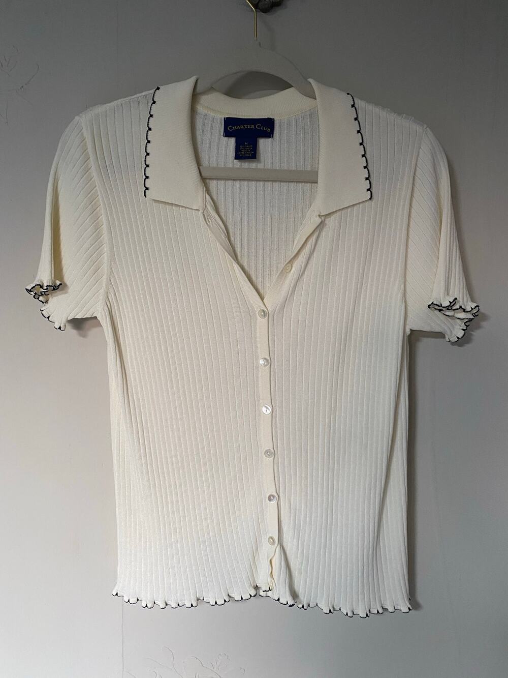 Vintage Charter Club Y2K Cream Black Lettuce Hem Ribbed Button Front Top Medium